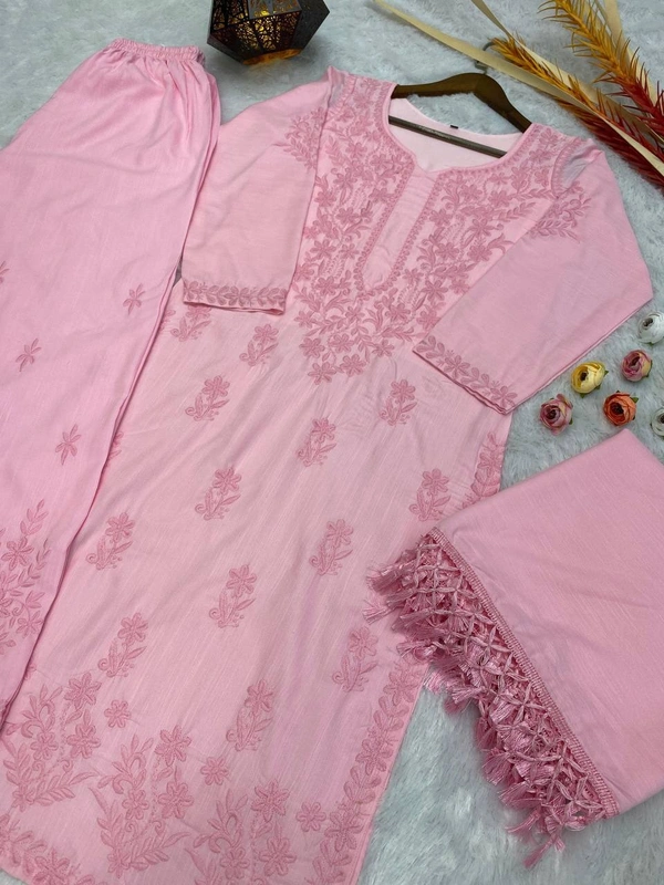 FWBE TRENDING SUMMER MASLIN TOP WITH COTTON THREAD EMBROIDERED WORK AND WORK PLAZO WITH DUPATTA - S-36, Pink