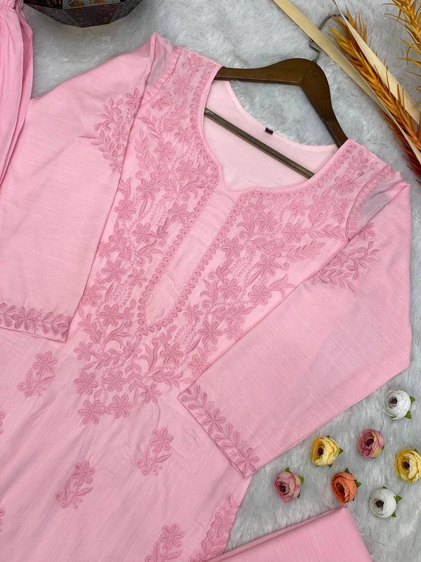 FWBE TRENDING SUMMER MASLIN TOP WITH COTTON THREAD EMBROIDERED WORK AND WORK PLAZO WITH DUPATTA - S-36, Pink
