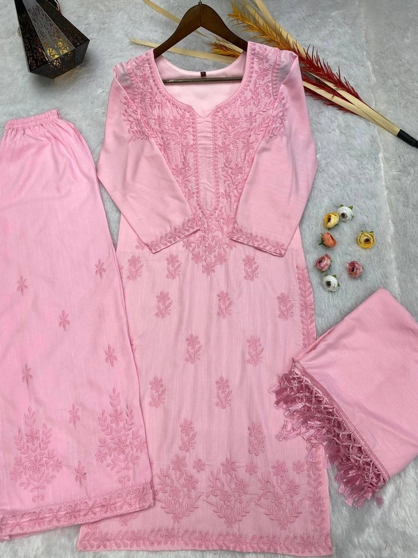 FWBE TRENDING SUMMER MASLIN TOP WITH COTTON THREAD EMBROIDERED WORK AND WORK PLAZO WITH DUPATTA - M-38, Pink