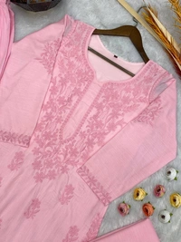 FWBE TRENDING SUMMER MASLIN TOP WITH COTTON THREAD EMBROIDERED WORK AND WORK PLAZO WITH DUPATTA - M-38, Pink