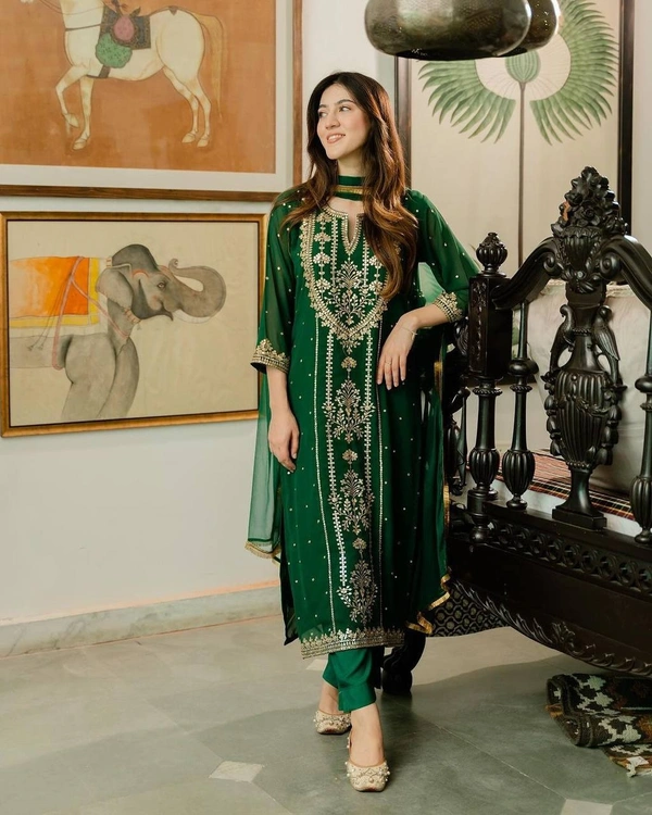 FWBE TRENDING FAUX GEORGETTE EMBROIDERED WITH REAL FOIL WORK TOP PANT AND DUPATTA - XL-42, Deep Fir