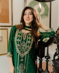 FWBE TRENDING FAUX GEORGETTE EMBROIDERED WITH REAL FOIL WORK TOP PANT AND DUPATTA - XL-42, Deep Fir