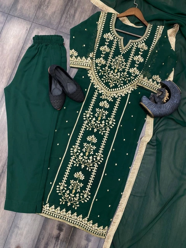 FWBE TRENDING FAUX GEORGETTE EMBROIDERED WITH REAL FOIL WORK TOP PANT AND DUPATTA - XL-42, Deep Fir