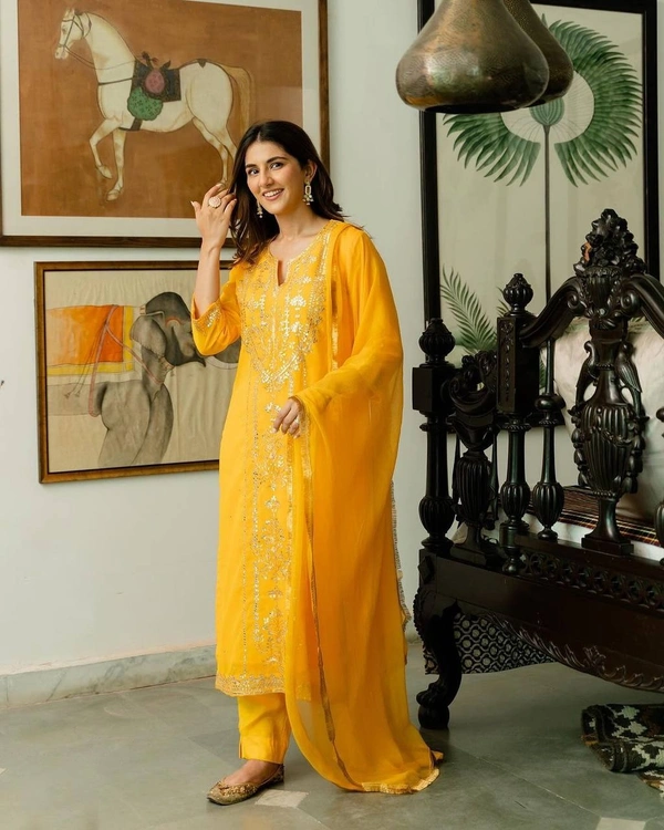 FWBE TRENDING FAUX GEORGETTE EMBROIDERED WITH REAL FOIL WORK TOP PANT AND DUPATTA - M-38, Yellow