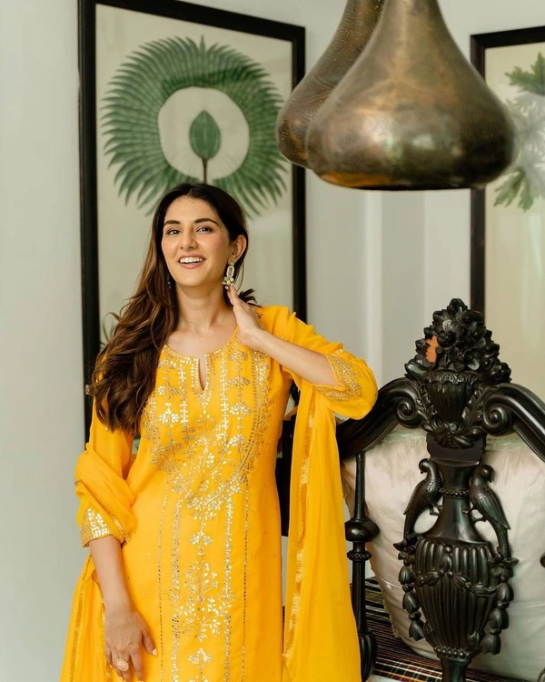 FWBE TRENDING FAUX GEORGETTE EMBROIDERED WITH REAL FOIL WORK TOP PANT AND DUPATTA - M-38, Yellow