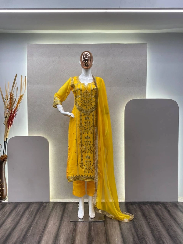 FWBE TRENDING FAUX GEORGETTE EMBROIDERED WITH REAL FOIL WORK TOP PANT AND DUPATTA - M-38, Yellow