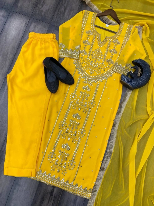 FWBE TRENDING FAUX GEORGETTE EMBROIDERED WITH REAL FOIL WORK TOP PANT AND DUPATTA - M-38, Yellow