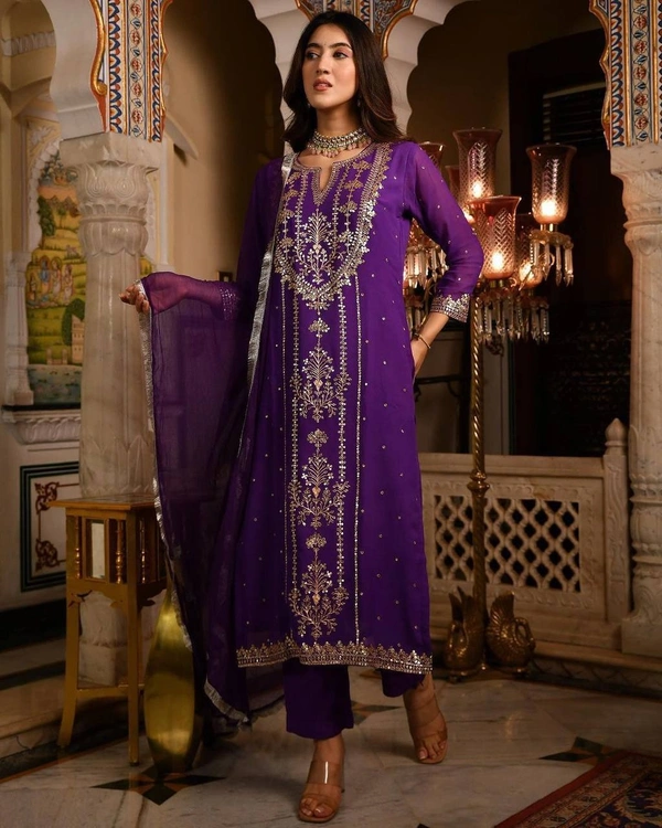 FWBE TRENDING FAUX GEORGETTE EMBROIDERED WITH REAL FOIL WORK TOP PANT AND DUPATTA - M-38, Purple