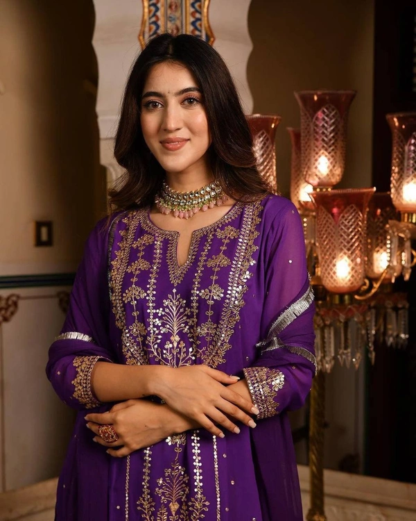 FWBE TRENDING FAUX GEORGETTE EMBROIDERED WITH REAL FOIL WORK TOP PANT AND DUPATTA - M-38, Purple