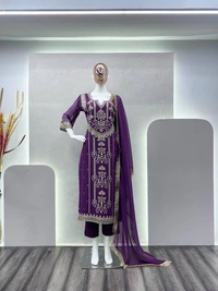 FWBE TRENDING FAUX GEORGETTE EMBROIDERED WITH REAL FOIL WORK TOP PANT AND DUPATTA - M-38, Purple