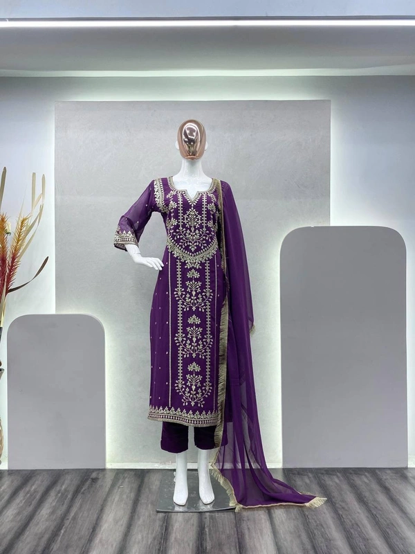 FWBE TRENDING FAUX GEORGETTE EMBROIDERED WITH REAL FOIL WORK TOP PANT AND DUPATTA - M-38, Purple