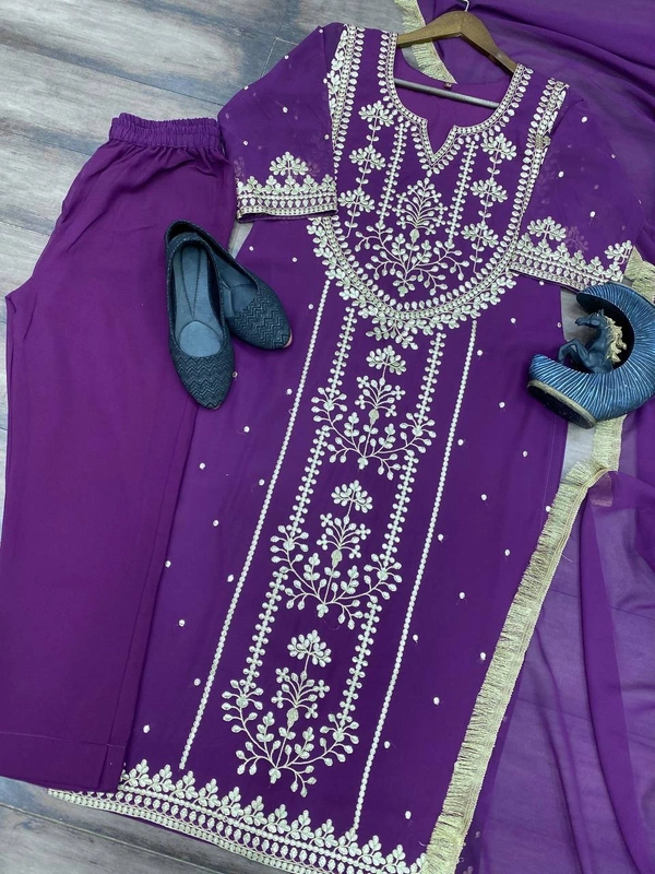 FWBE TRENDING FAUX GEORGETTE EMBROIDERED WITH REAL FOIL WORK TOP PANT AND DUPATTA - M-38, Purple