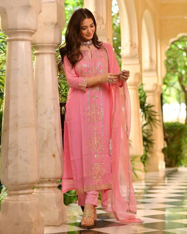FWBE TRENDING FAUX GEORGETTE EMBROIDERED WITH REAL FOIL WORK TOP PANT AND DUPATTA - M-38, Pink