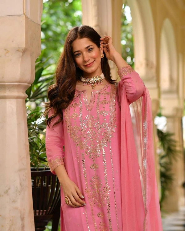 FWBE TRENDING FAUX GEORGETTE EMBROIDERED WITH REAL FOIL WORK TOP PANT AND DUPATTA - M-38, Pink