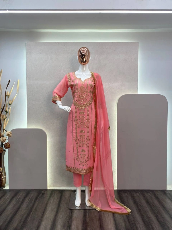 FWBE TRENDING FAUX GEORGETTE EMBROIDERED WITH REAL FOIL WORK TOP PANT AND DUPATTA - M-38, Pink