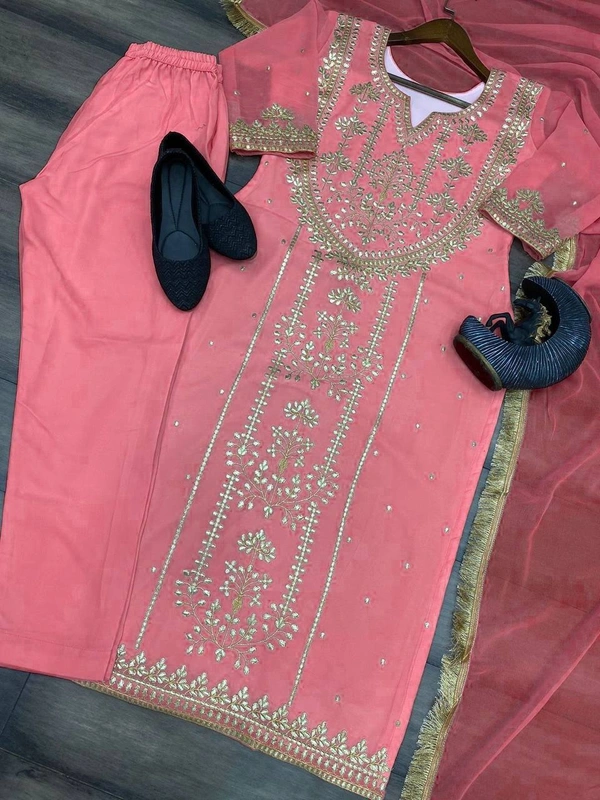 FWBE TRENDING FAUX GEORGETTE EMBROIDERED WITH REAL FOIL WORK TOP PANT AND DUPATTA - M-38, Pink