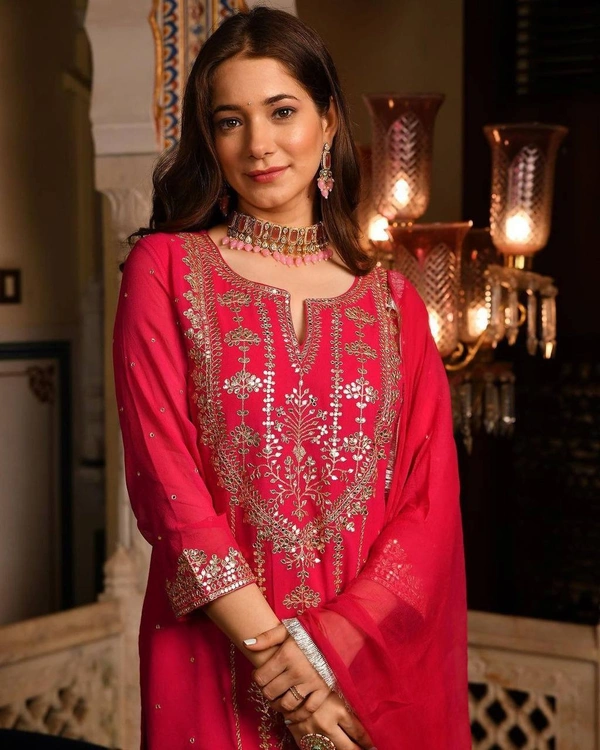FWBE TRENDING FAUX GEORGETTE EMBROIDERED WITH REAL FOIL WORK TOP PANT AND DUPATTA - M-38, Red