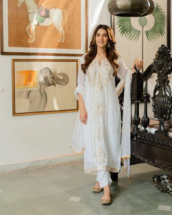 FWBE TRENDING FAUX GEORGETTE EMBROIDERED WITH REAL FOIL WORK TOP PANT AND DUPATTA - M-38, White