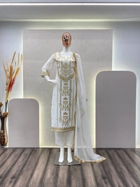 FWBE TRENDING FAUX GEORGETTE EMBROIDERED WITH REAL FOIL WORK TOP PANT AND DUPATTA - M-38, White