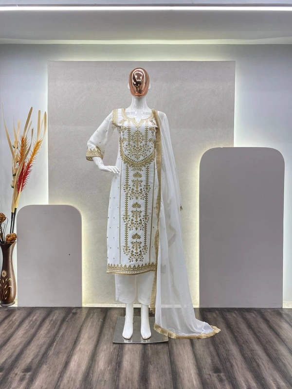 FWBE TRENDING FAUX GEORGETTE EMBROIDERED WITH REAL FOIL WORK TOP PANT AND DUPATTA - M-38, White
