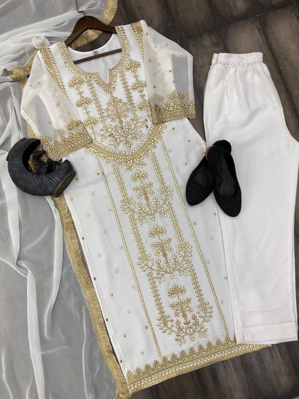 FWBE TRENDING FAUX GEORGETTE EMBROIDERED WITH REAL FOIL WORK TOP PANT AND DUPATTA - M-38, White
