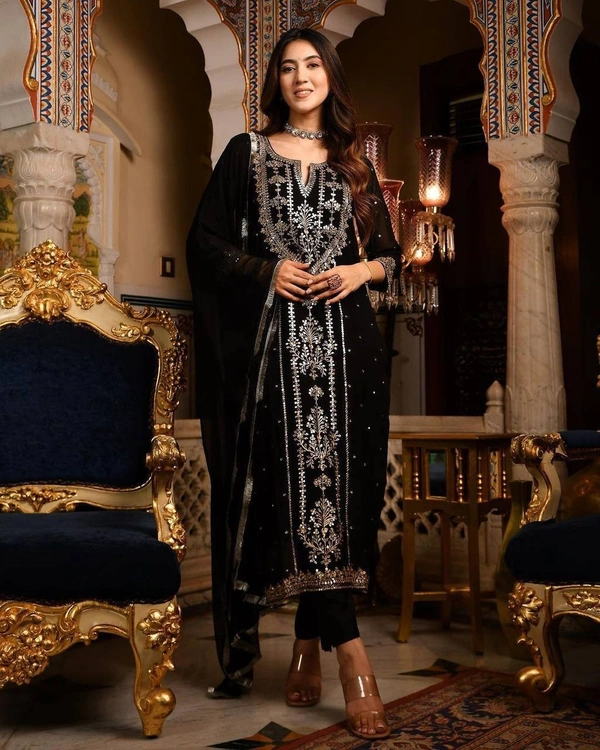 FWBE TRENDING FAUX GEORGETTE EMBROIDERED WITH REAL FOIL WORK TOP PANT AND DUPATTA - M-38, Black