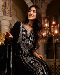 FWBE TRENDING FAUX GEORGETTE EMBROIDERED WITH REAL FOIL WORK TOP PANT AND DUPATTA - M-38, Black