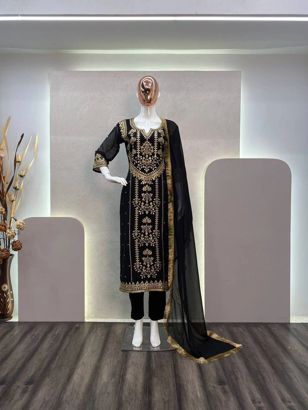 FWBE TRENDING FAUX GEORGETTE EMBROIDERED WITH REAL FOIL WORK TOP PANT AND DUPATTA - M-38, Black