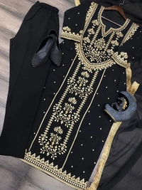 FWBE TRENDING FAUX GEORGETTE EMBROIDERED WITH REAL FOIL WORK TOP PANT AND DUPATTA - M-38, Black
