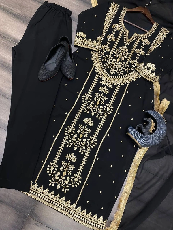 FWBE TRENDING FAUX GEORGETTE EMBROIDERED WITH REAL FOIL WORK TOP PANT AND DUPATTA - M-38, Black