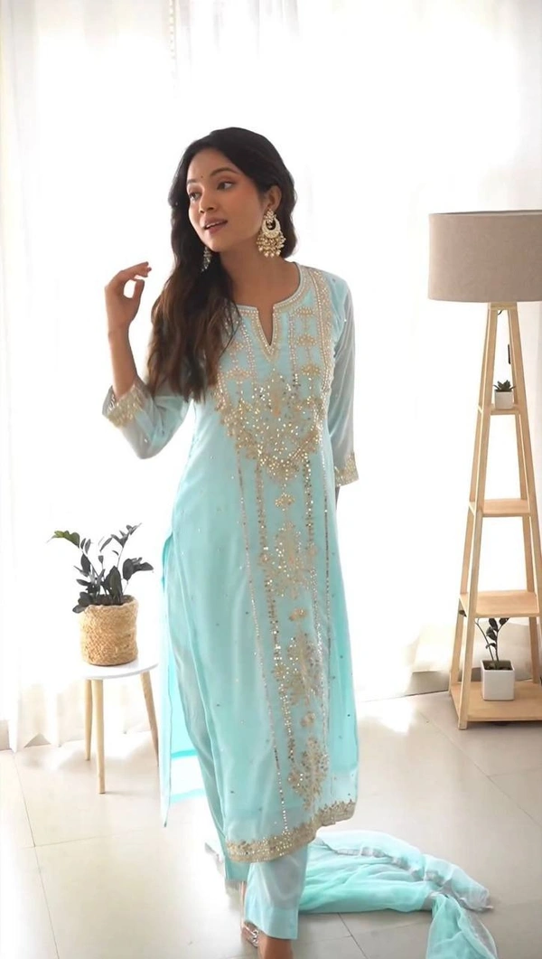 FWBE TRENDING FAUX GEORGETTE EMBROIDERED WITH REAL FOIL WORK TOP PANT AND DUPATTA - M-38, Cyan Aqua