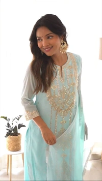 FWBE TRENDING FAUX GEORGETTE EMBROIDERED WITH REAL FOIL WORK TOP PANT AND DUPATTA - M-38, Cyan Aqua