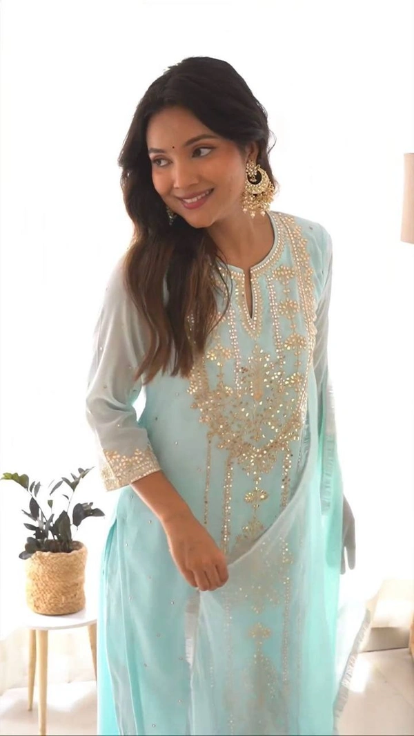 FWBE TRENDING FAUX GEORGETTE EMBROIDERED WITH REAL FOIL WORK TOP PANT AND DUPATTA - M-38, Cyan Aqua