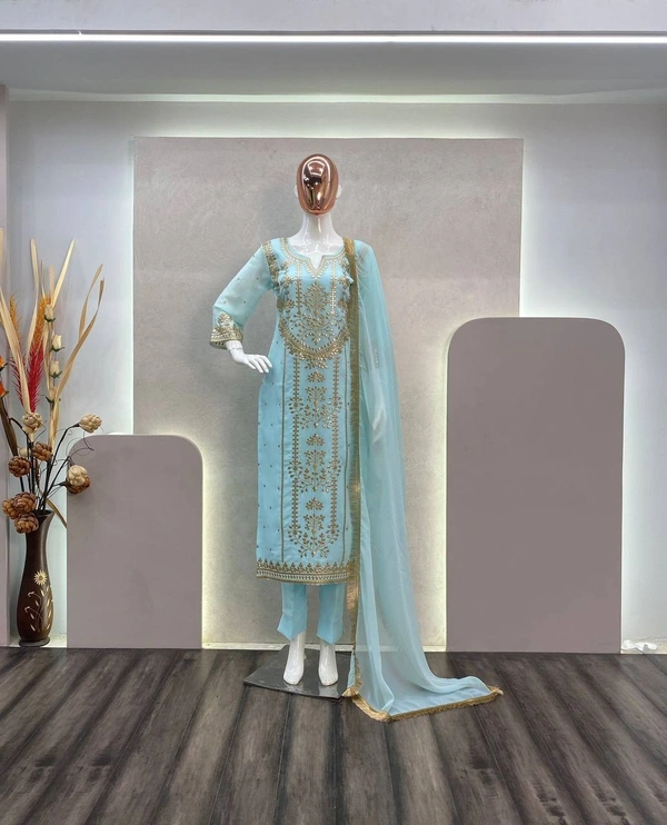 FWBE TRENDING FAUX GEORGETTE EMBROIDERED WITH REAL FOIL WORK TOP PANT AND DUPATTA - M-38, Cyan Aqua