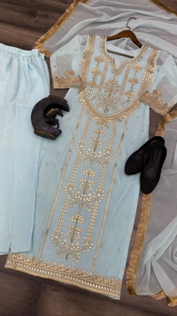 FWBE TRENDING FAUX GEORGETTE EMBROIDERED WITH REAL FOIL WORK TOP PANT AND DUPATTA - M-38, Cyan Aqua