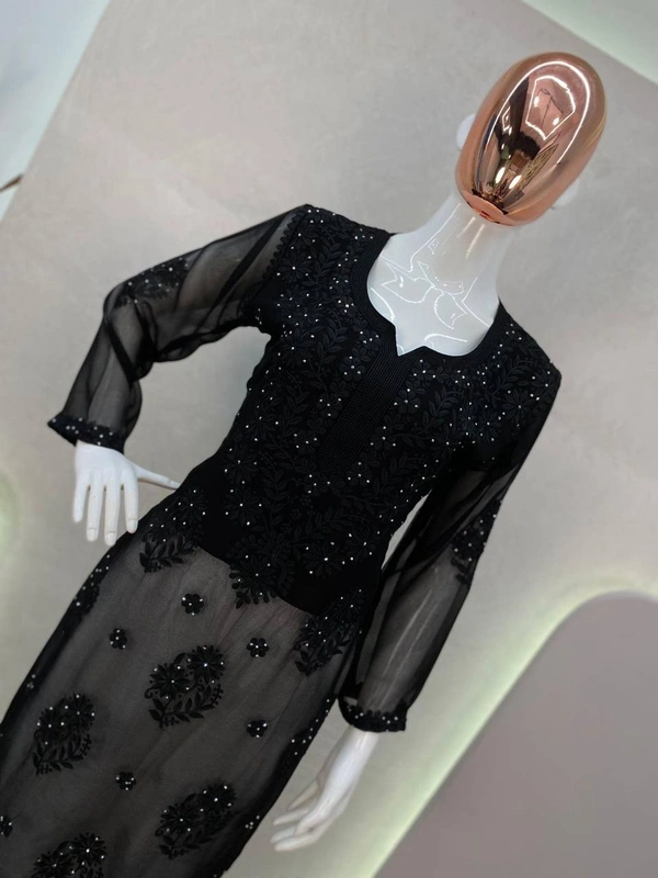 FWBE GEORGETTE TOP COTTON THREAD EMBROIDERED WITH DAIMOND WORK AND PLAZO - M-38, Black