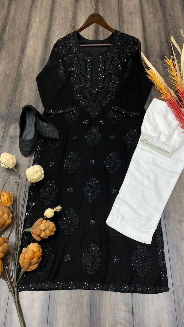 FWBE GEORGETTE TOP COTTON THREAD EMBROIDERED WITH DAIMOND WORK AND PLAZO - M-38, Black