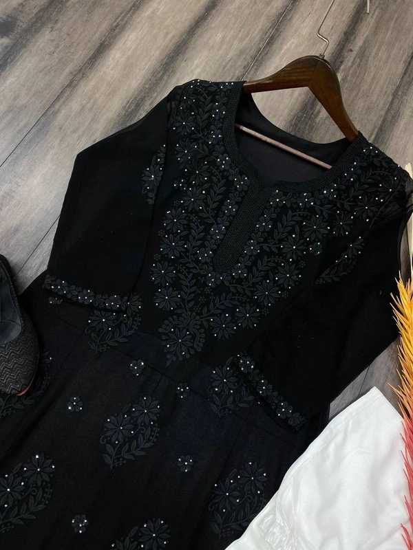 FWBE GEORGETTE TOP COTTON THREAD EMBROIDERED WITH DAIMOND WORK AND PLAZO - M-38, Black