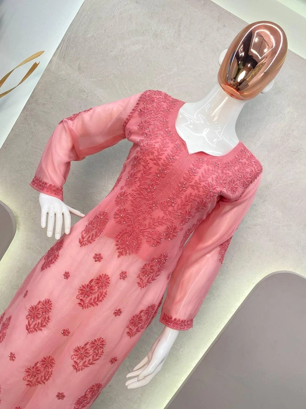 FWBE GEORGETTE TOP COTTON THREAD EMBROIDERED WITH DAIMOND WORK AND PLAZO - M-38, Pink