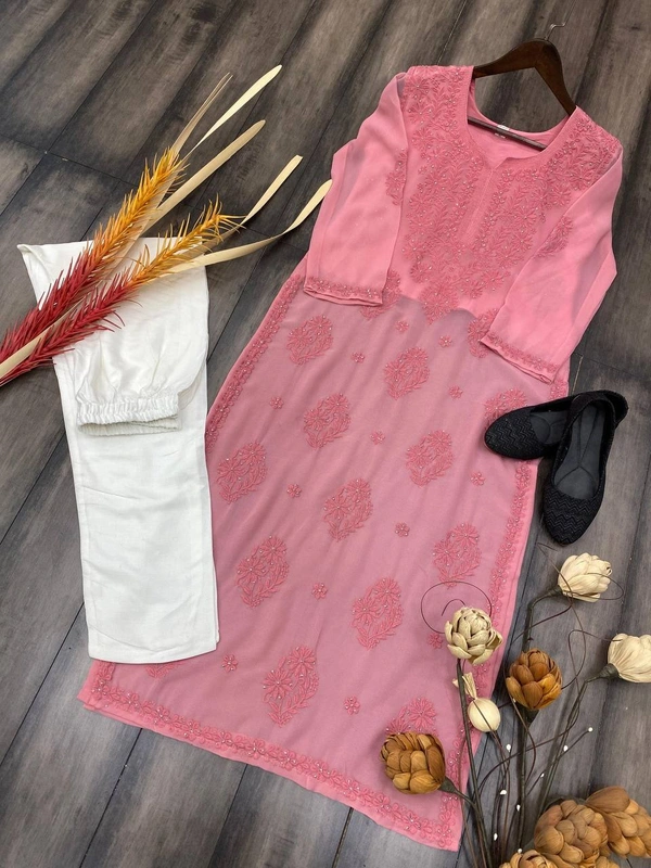 FWBE GEORGETTE TOP COTTON THREAD EMBROIDERED WITH DAIMOND WORK AND PLAZO - M-38, Pink