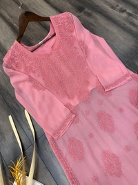 FWBE GEORGETTE TOP COTTON THREAD EMBROIDERED WITH DAIMOND WORK AND PLAZO - M-38, Pink