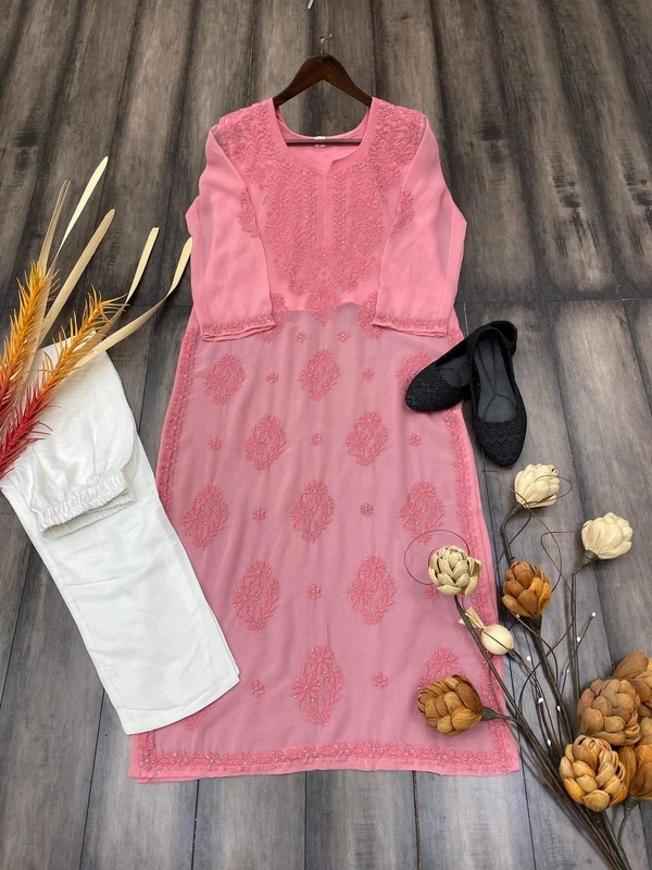FWBE GEORGETTE TOP COTTON THREAD EMBROIDERED WITH DAIMOND WORK AND PLAZO - M-38, Pink