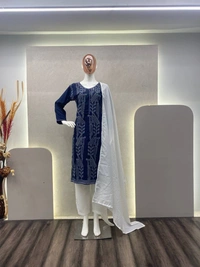 FWBE EMBROIDERED WORK TOP WITH MASLIN PANT AND DUPATTA - M-38, Blue