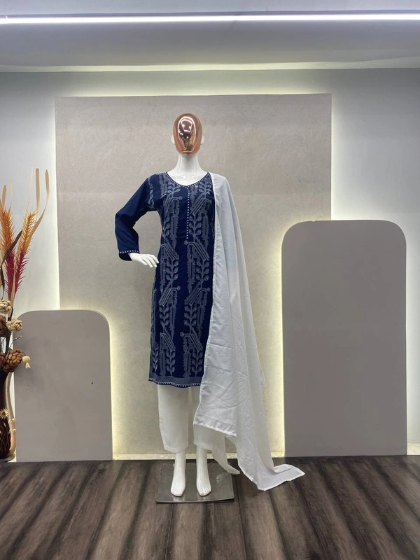 FWBE EMBROIDERED WORK TOP WITH MASLIN PANT AND DUPATTA - M-38, Blue