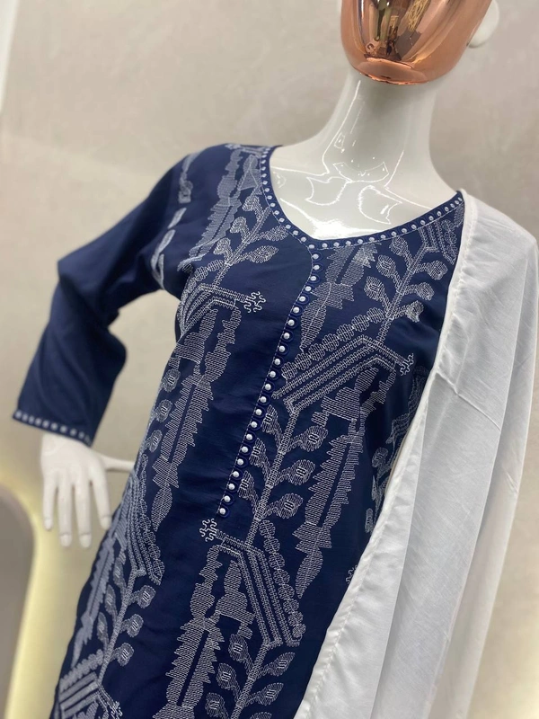 FWBE EMBROIDERED WORK TOP WITH MASLIN PANT AND DUPATTA - M-38, Blue