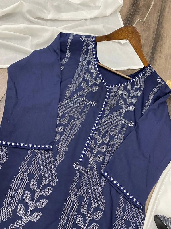 FWBE EMBROIDERED WORK TOP WITH MASLIN PANT AND DUPATTA - M-38, Blue