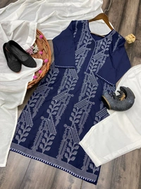 FWBE EMBROIDERED WORK TOP WITH MASLIN PANT AND DUPATTA - M-38, Blue