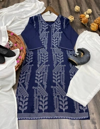 FWBE EMBROIDERED WORK TOP WITH MASLIN PANT AND DUPATTA - M-38, Blue