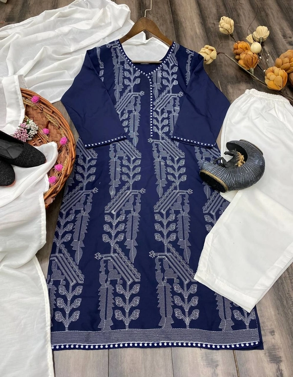FWBE EMBROIDERED WORK TOP WITH MASLIN PANT AND DUPATTA - M-38, Blue