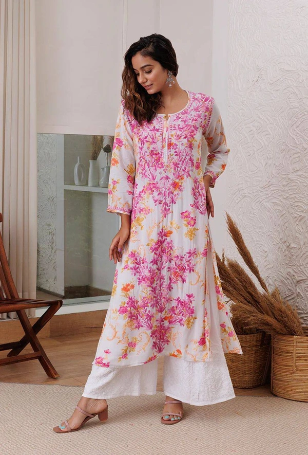 FWBE PRINTED REYON TOP WITH COTTON THREAD EMBROIDERED WORK AND WORK PLAZO - M-38, Pink work